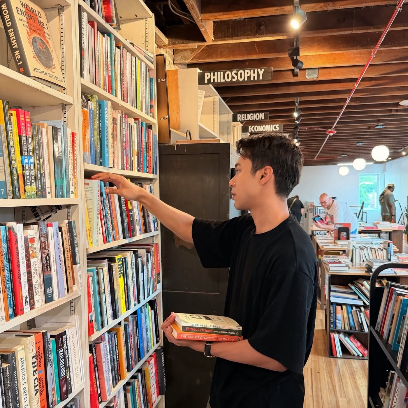 In the philosophy section of a bookstore